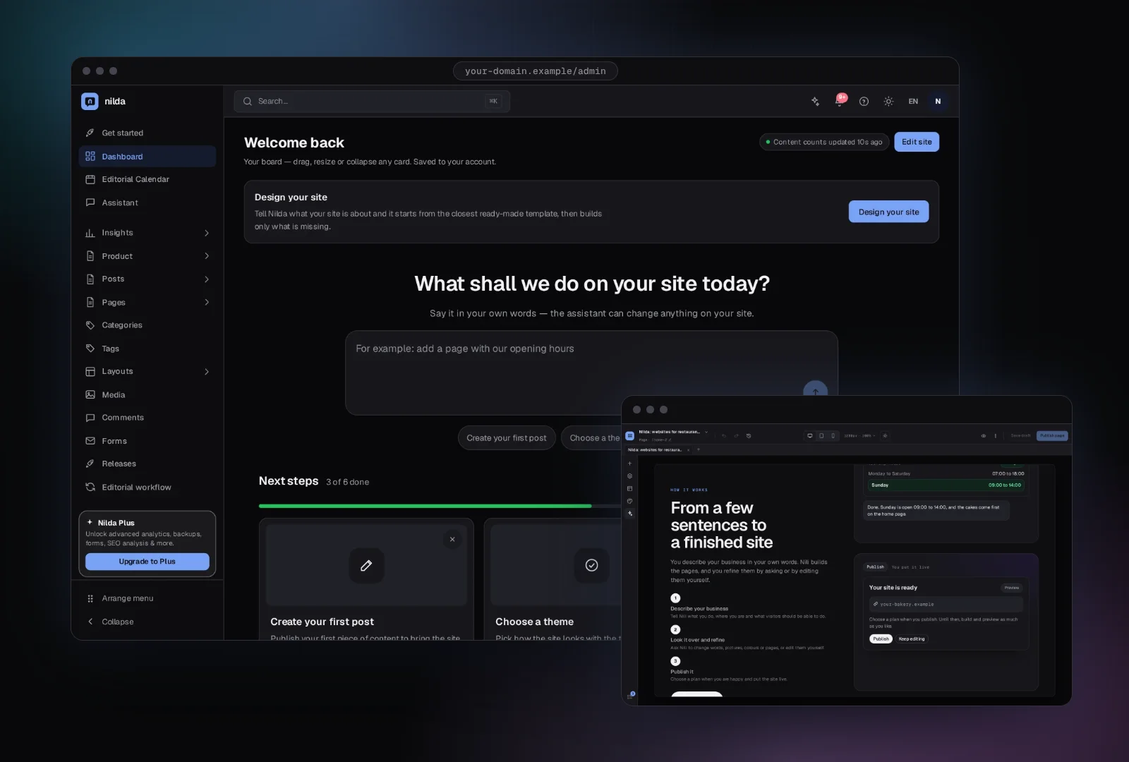 The Nilda dashboard at your own address, with the page builder open beside it.