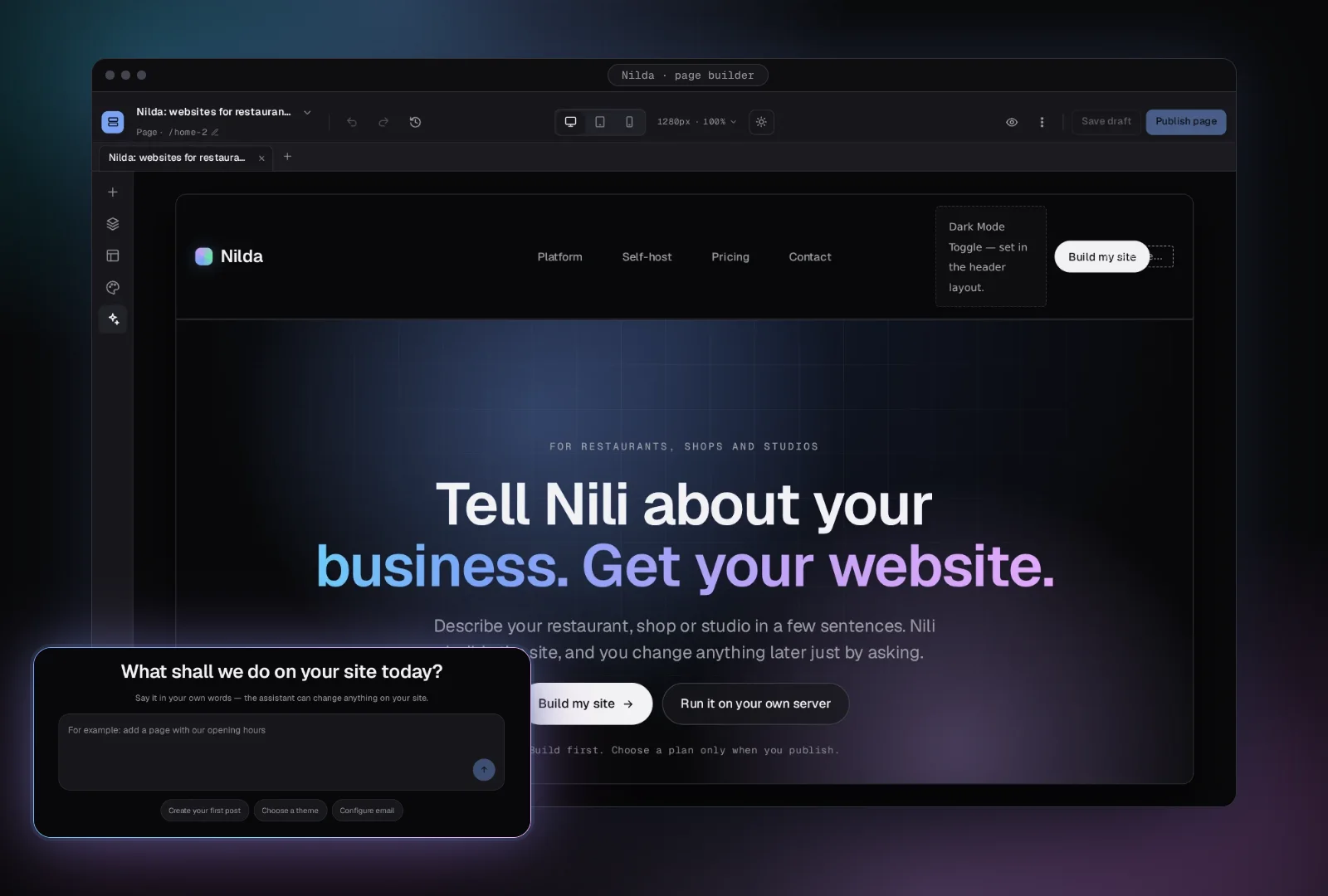 The Nilda page builder with this site's home page open, and the dashboard box where you ask Nili for a change.