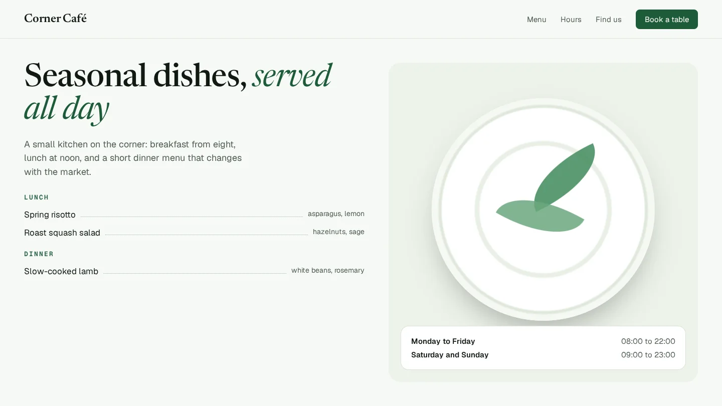 A sample café website on the canvas: a menu with lunch and dinner dishes, a plate drawing and the opening hours.