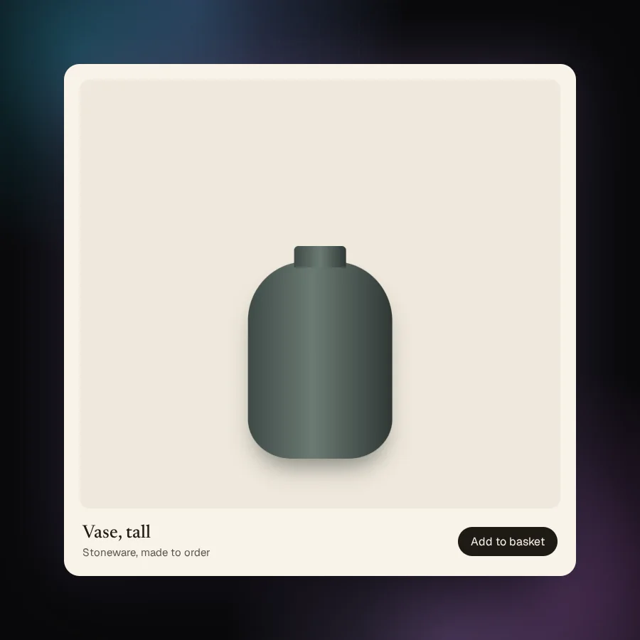 A sample shop card: a tall stoneware vase with an Add to basket button.