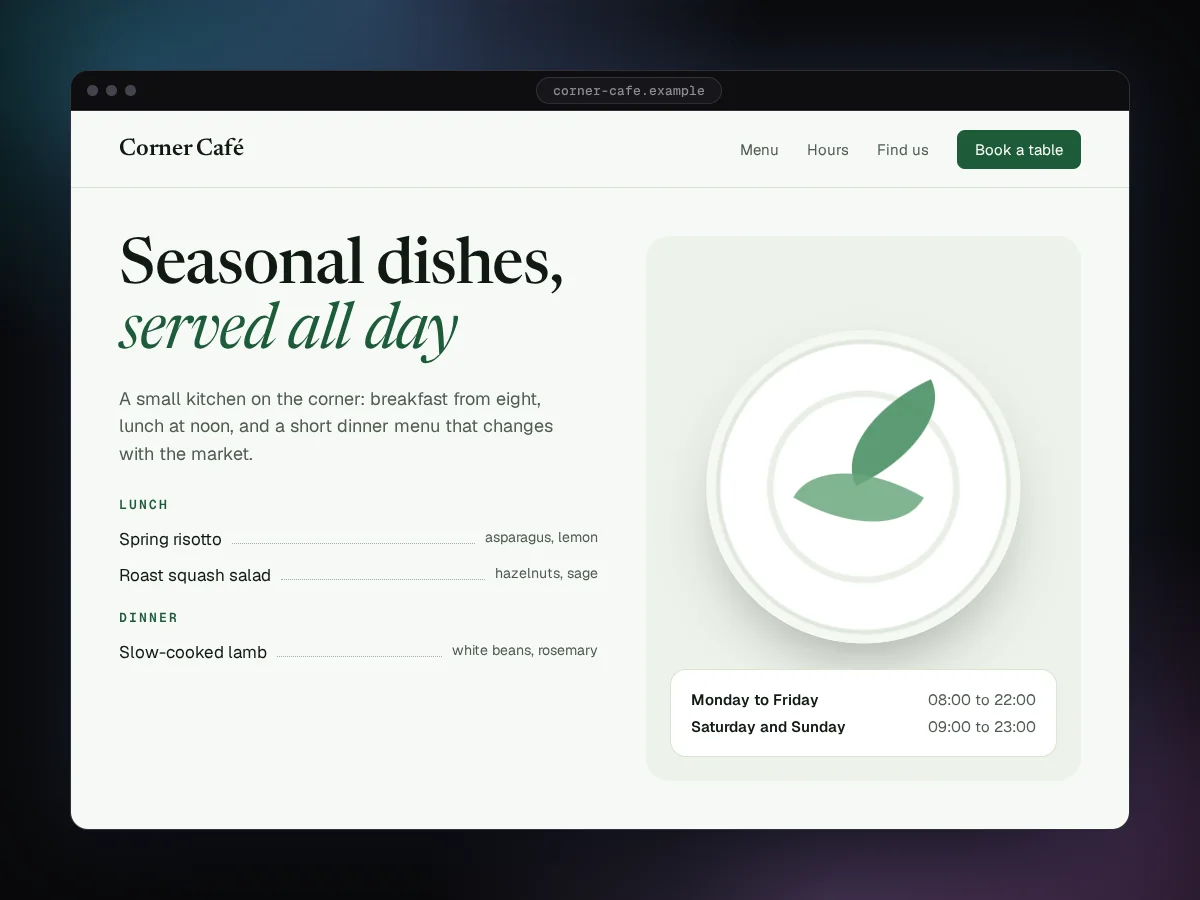 Menu and hours